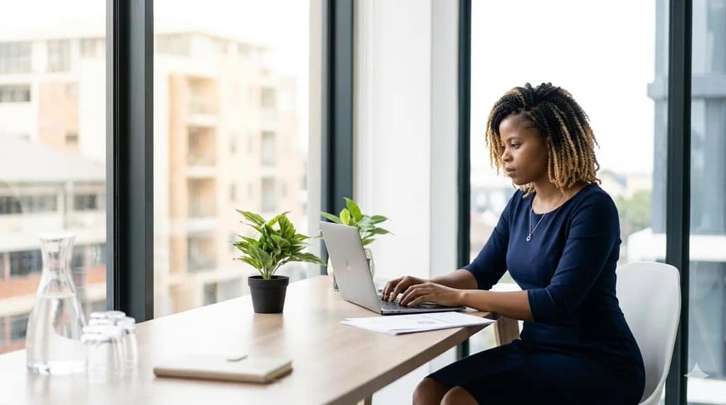 Freelance health and wellness content strategist writer working at desk