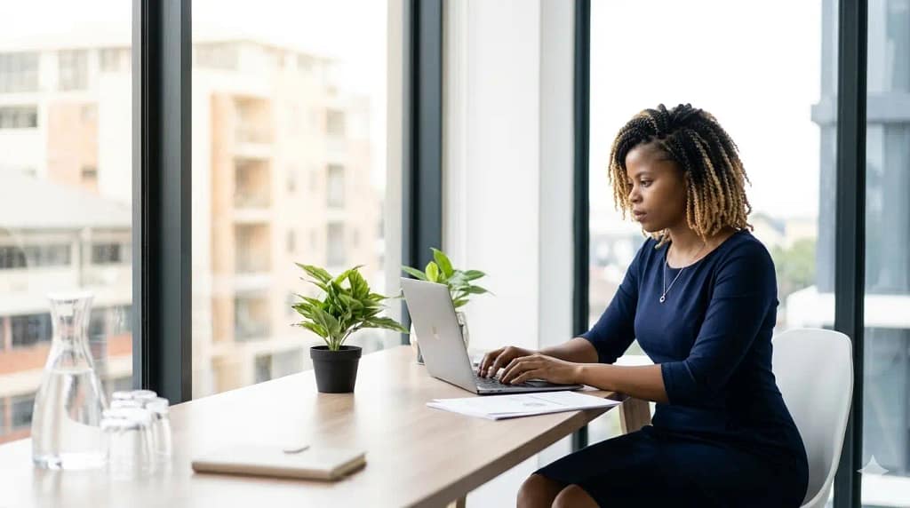 Freelance health and wellness content strategist writer working at desk